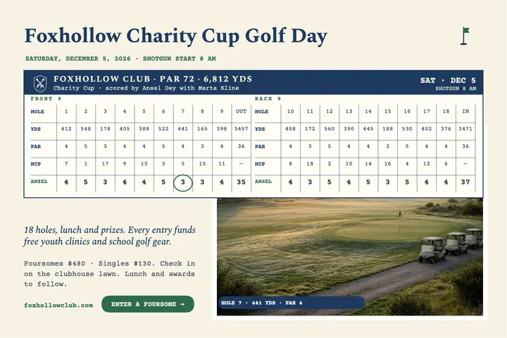 Foxhollow charity golf scorecard postcard template