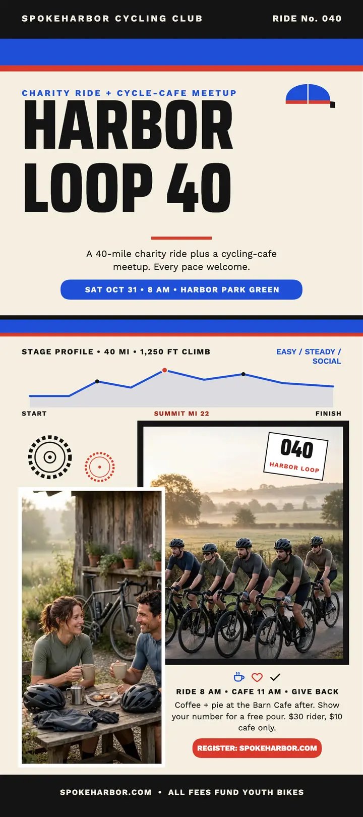 Spokeharbor charity ride cycling rack card: charity bike ride rack card template