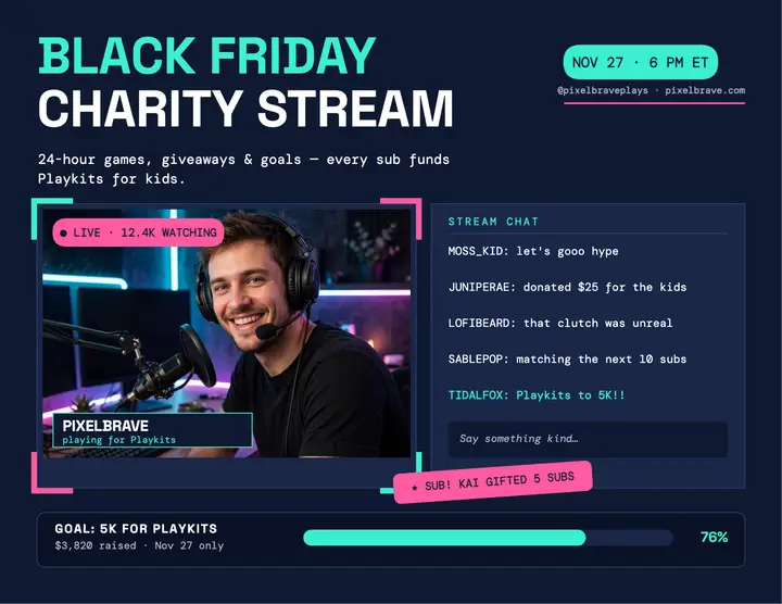 Pixelbrave Black Friday charity stream flyer template