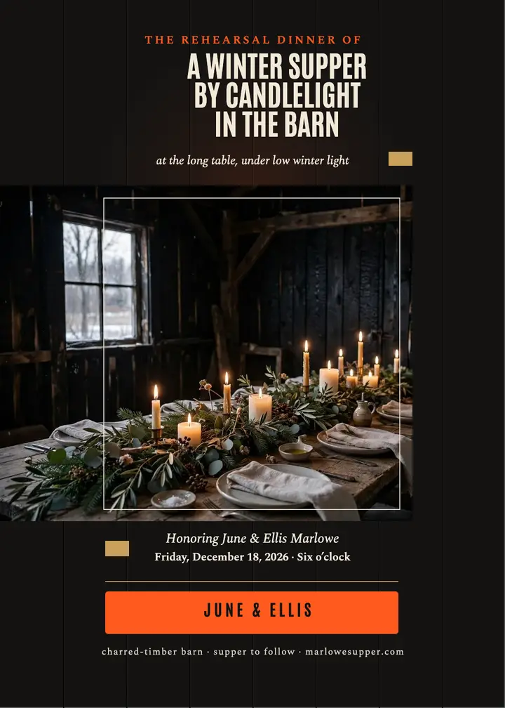 Charred barn winter rehearsal invitation template