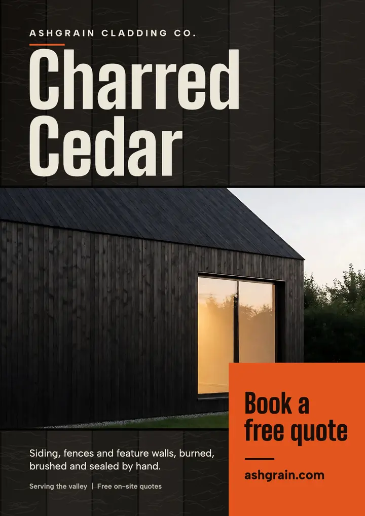 Ashgrain charred cedar cladding flyer: charred wood siding flyer template