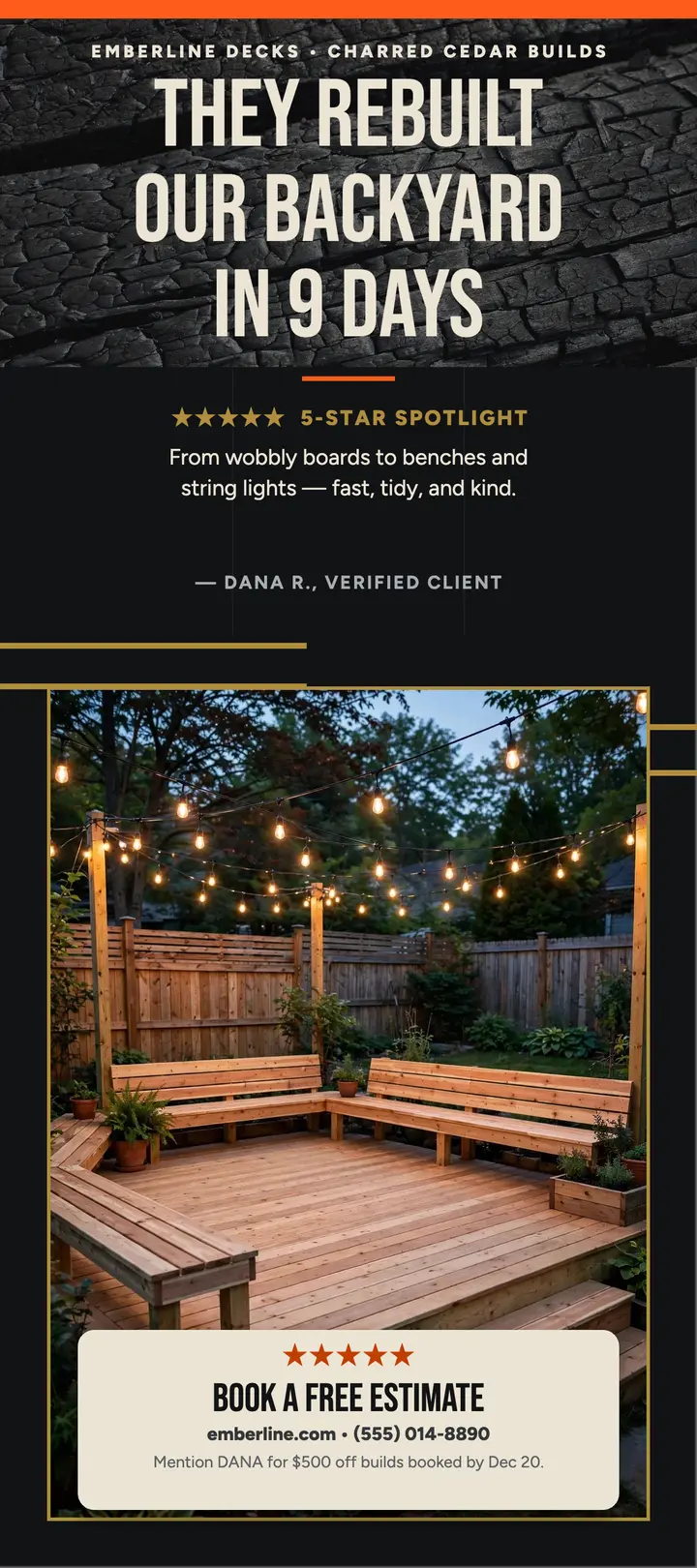 Emberline Decks customer spotlight rack card template