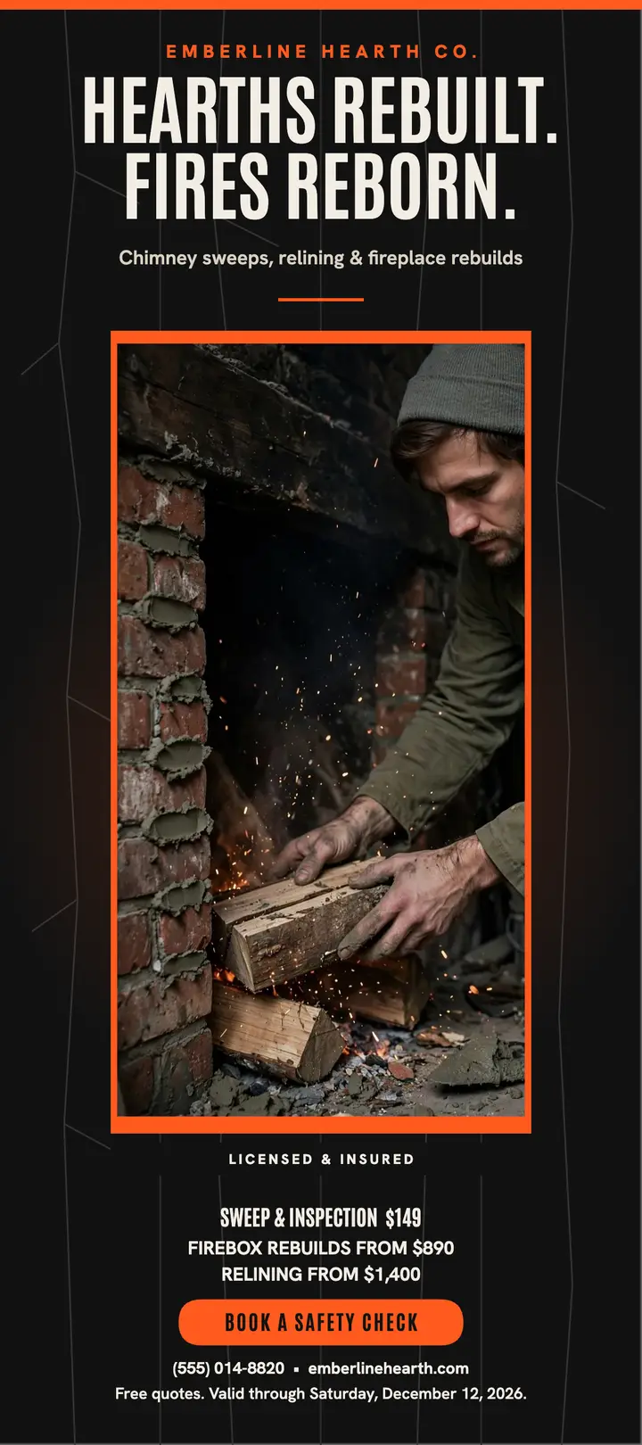 Emberline hearth repair charred rack card: chimney repair rack card template