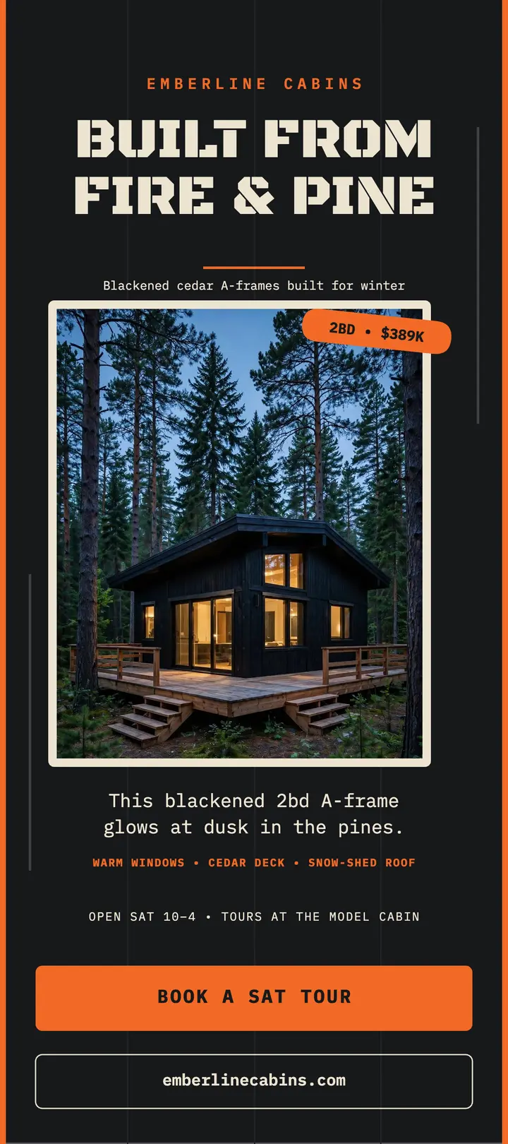 Emberline charred cabin rack card: cabin builder rack card template
