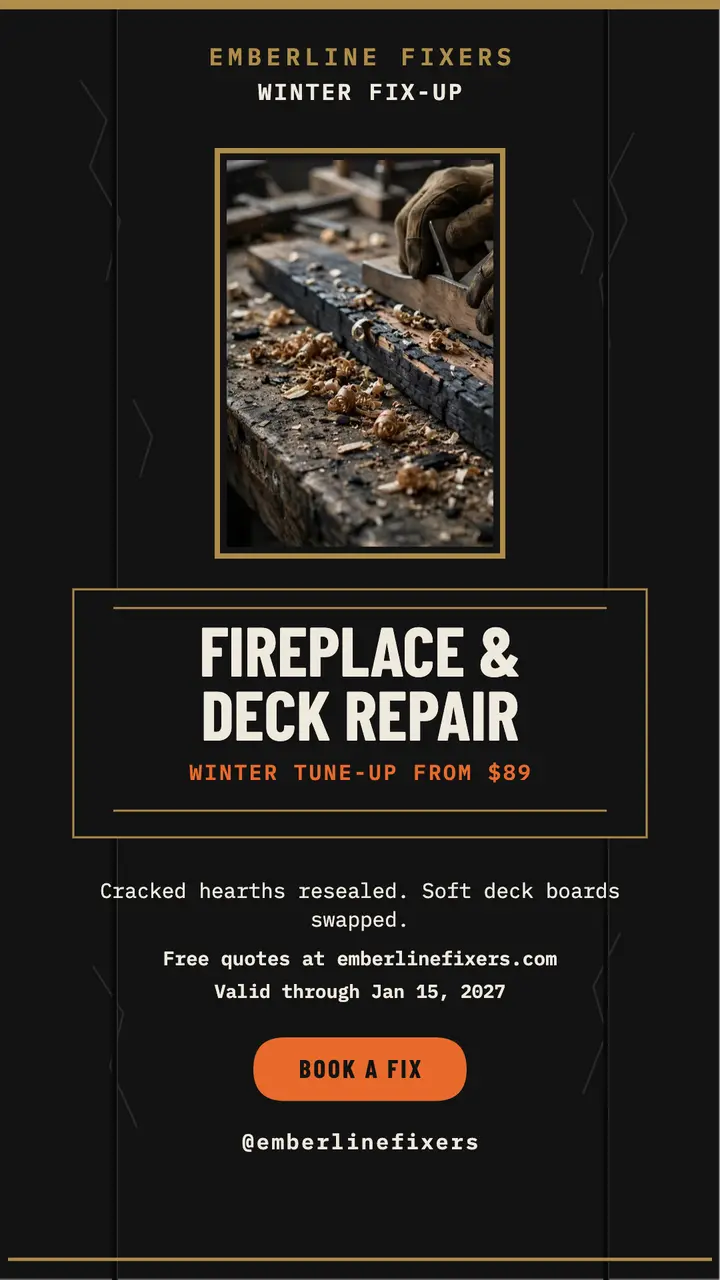 Emberline Fixers fireplace and deck story: handyman promo story template