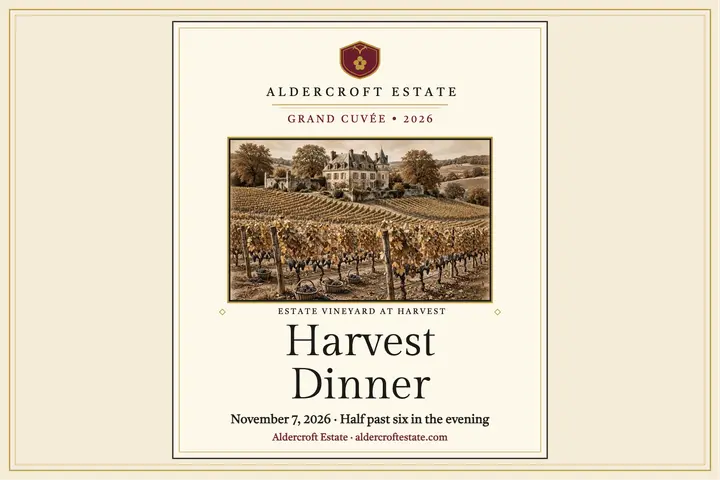 Aldercroft Harvest Dinner wine-label postcard template
