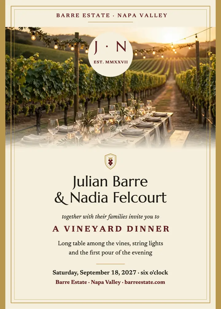 Barre Estate vineyard dinner invitation template