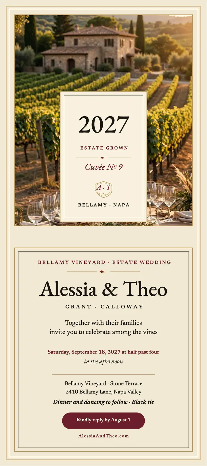 Bellamy Vineyard wine label invitation: vineyard wedding invitation template