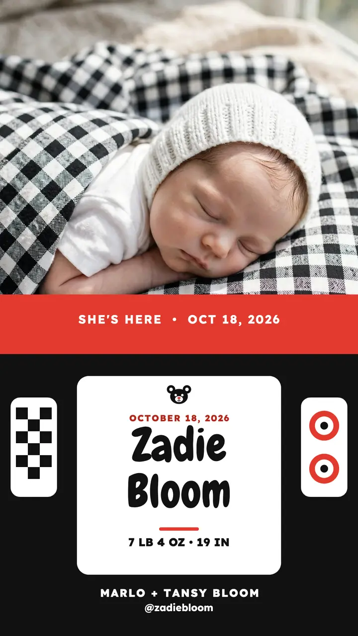Checker bear baby girl announcement template