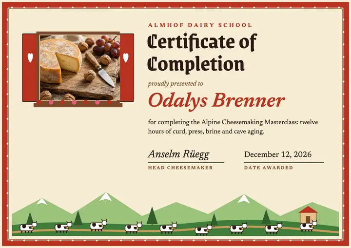 Almhof Dairy cheesemaking masterclass certificate template