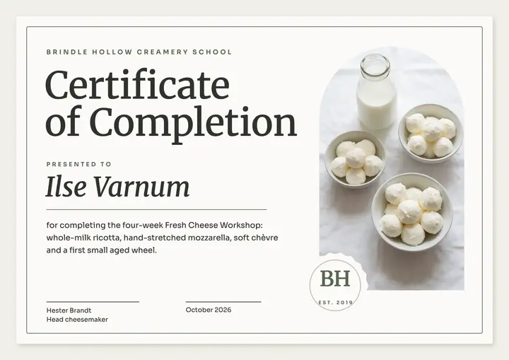 Brindle Hollow cheesemaking workshop certificate, white emboss template