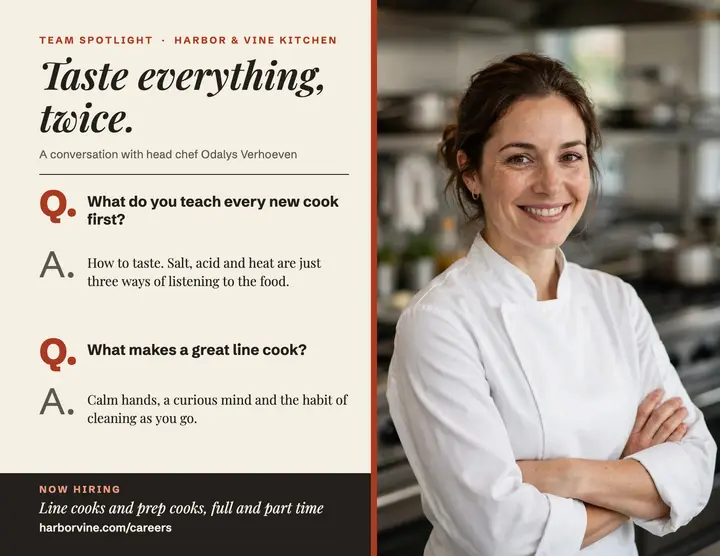 Harbor & Vine chef spotlight Q&A flyer: employee spotlight q&a flyer template
