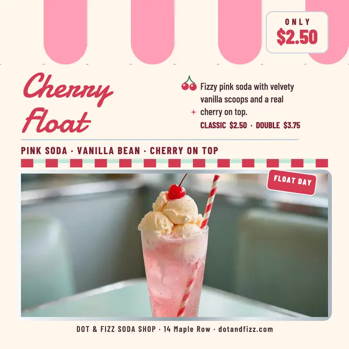 Dot and Fizz cherry float menu post template