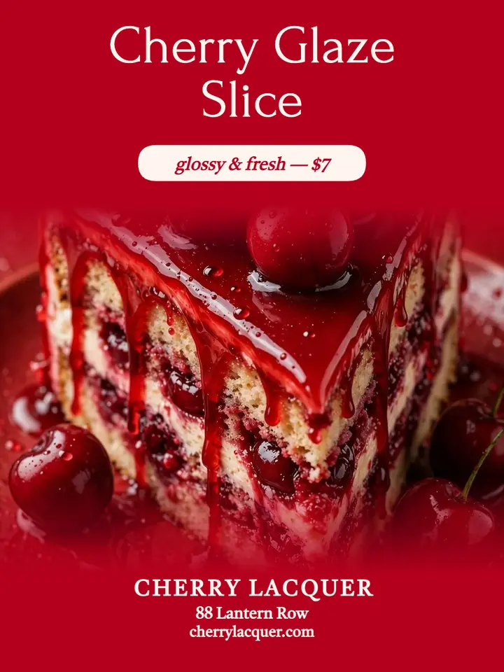 Cherry Lacquer cherry glaze slice portrait: cherry cake promo post template