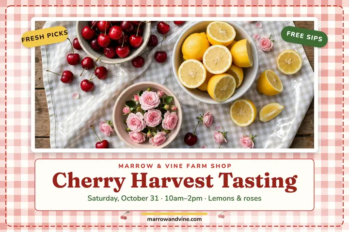 Cherry harvest tasting oilcloth postcard template