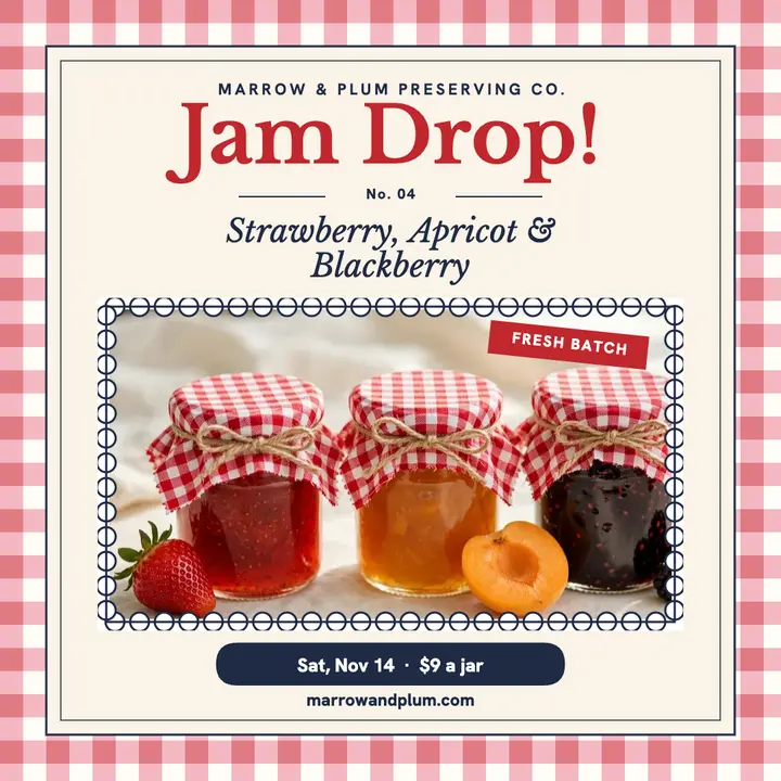 Marrow and Plum jam drop post: jam launch post template