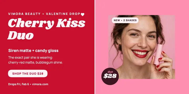 Vimora Cherry Kiss lip duo launch post template