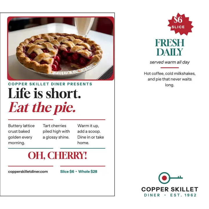 Copper Skillet cherry pie diner ad template