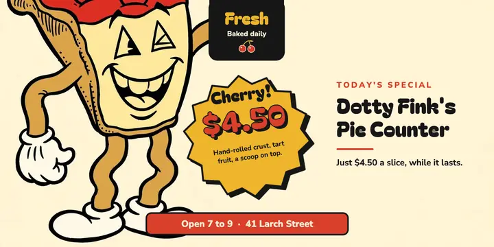 Dotty Fink's cherry pie special rubber-hose post: pie special social post template