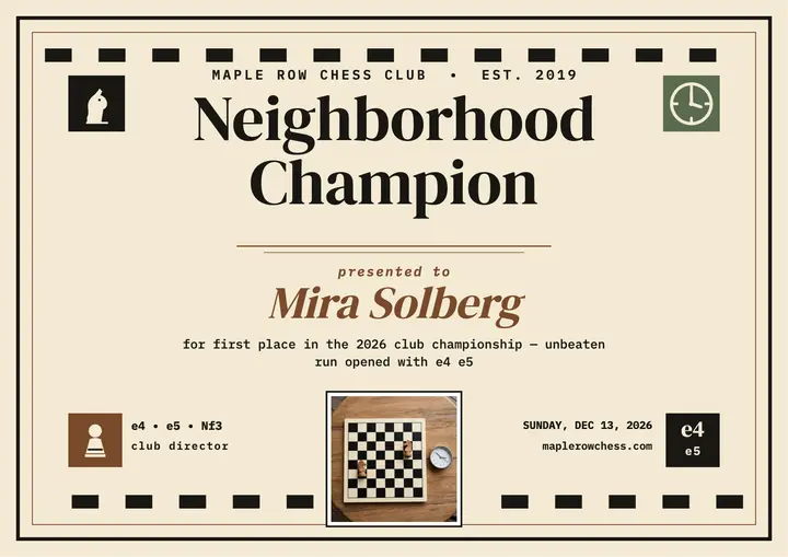 Maple Row chess champion certificate template