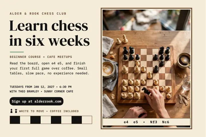 Alder and Rook beginner chess course postcard template