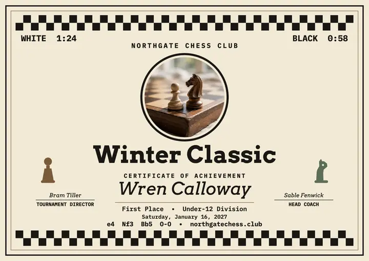 Northgate Winter Classic chess certificate template