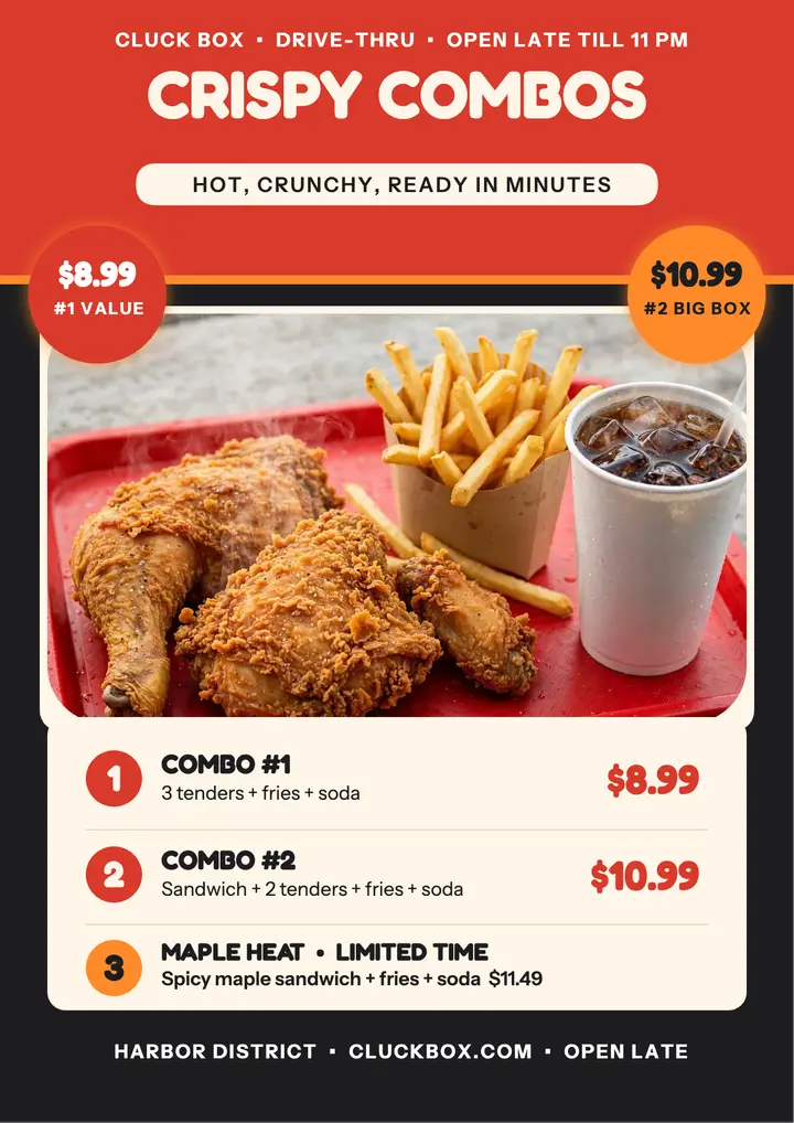 Cluck Box drive-thru combos flyer template