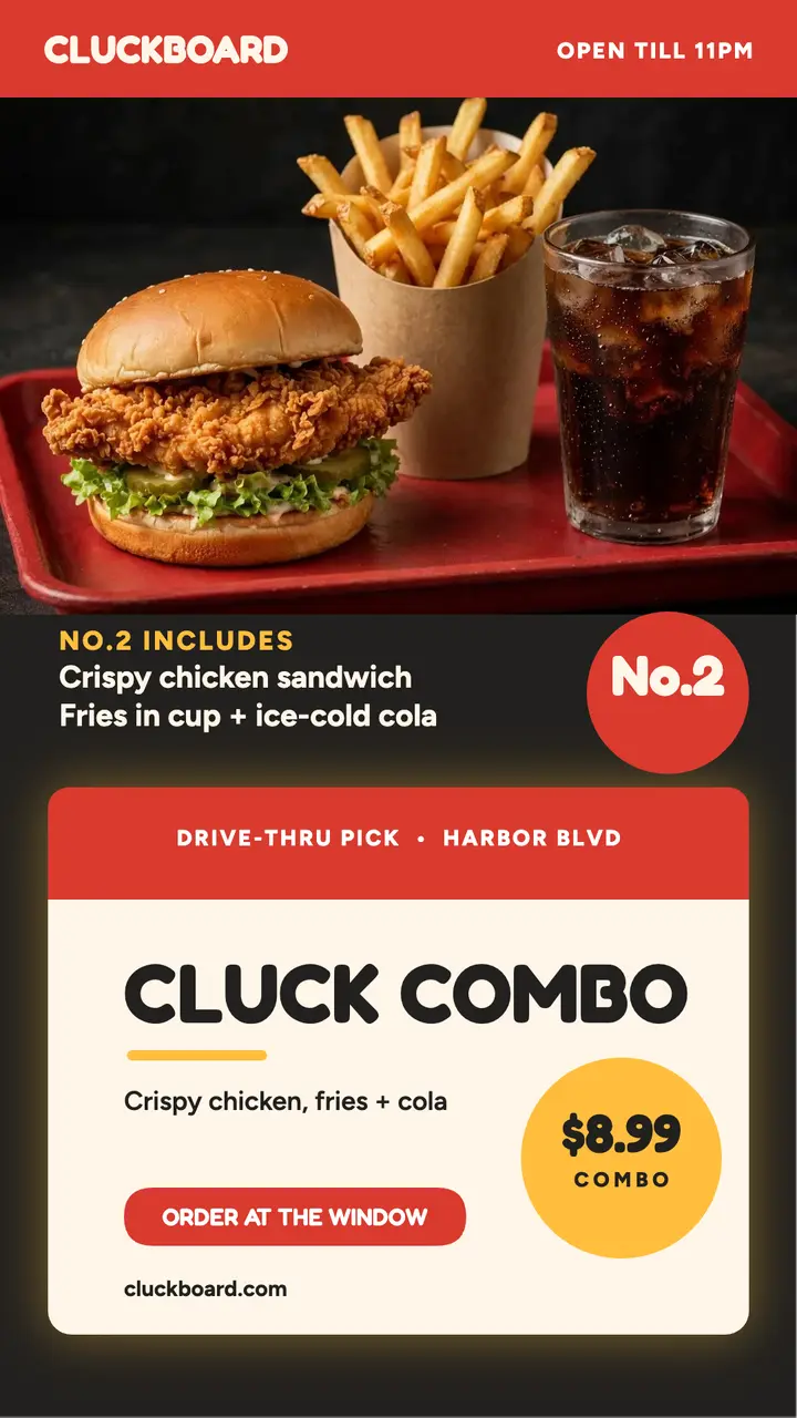 Cluckboard chicken combo drive-thru story template