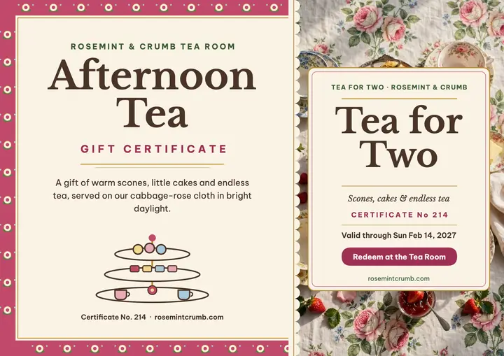 Rosemint afternoon tea gift certificate: tea gift certificate template