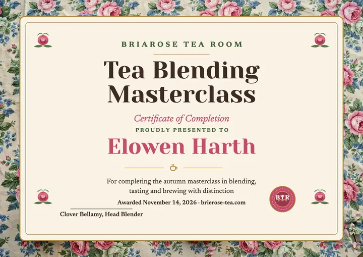 Briarose tea masterclass certificate: tea masterclass certificate template