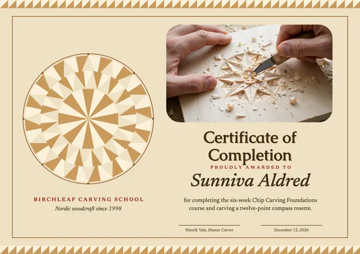 Chip carving course completion certificate: woodcarving course certificate template