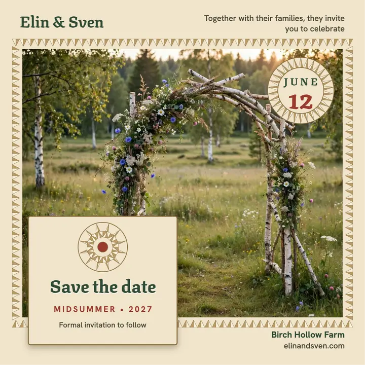 Chip-carved Nordic wedding save the date template