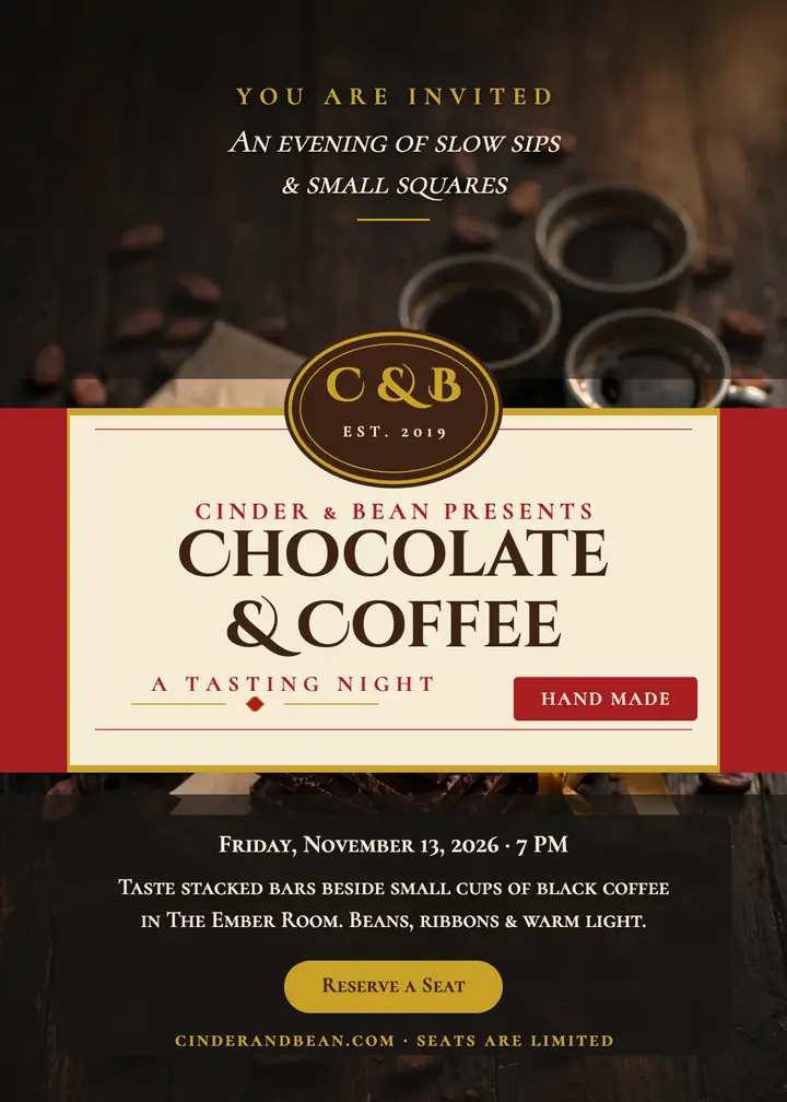Cinder and Bean chocolate coffee tasting invitation template