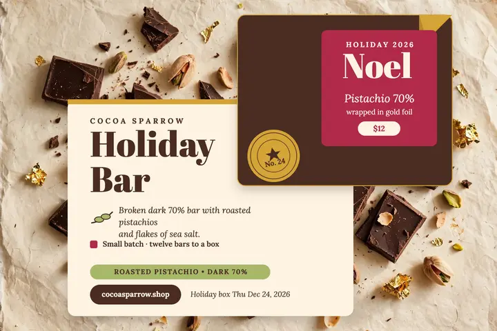 Cocoa Sparrow holiday chocolate postcard template