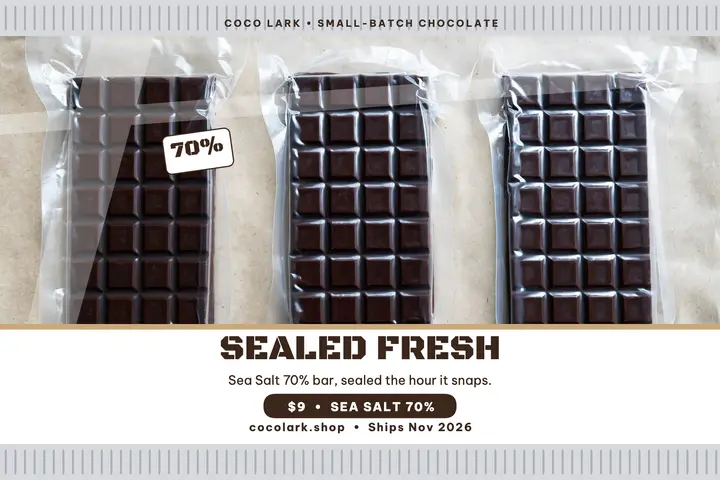 Coco Lark sealed fresh chocolate postcard: chocolate bar postcard template