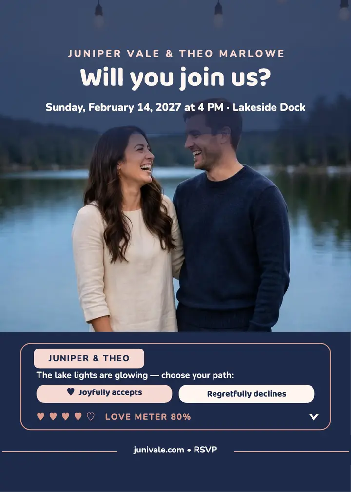 Juniper and Theo lakeside RSVP choice invitation template
