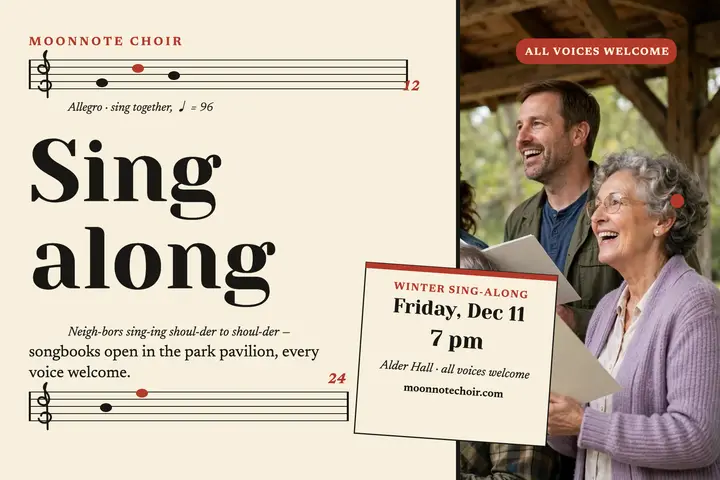 Moonnote Choir winter sing-along postcard: choir sing-along postcard template