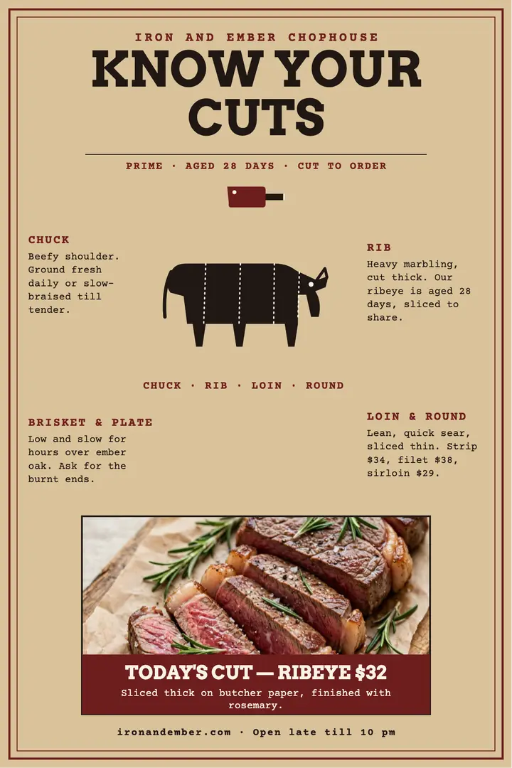 Iron and Ember chophouse cuts chart: steak cuts chart template