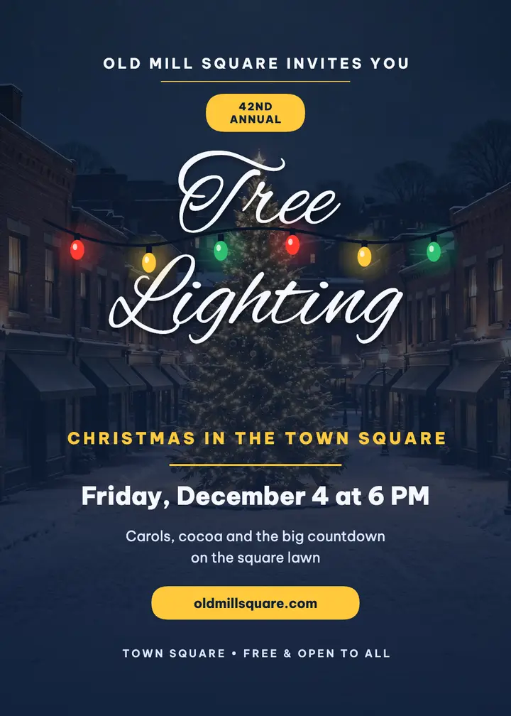 Old Mill Square tree lighting bulb invitation: christmas tree lighting invitation template