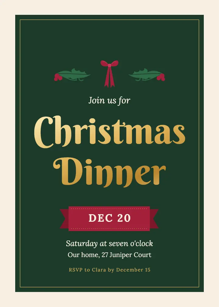 Christmas dinner invitation, gold lettering template