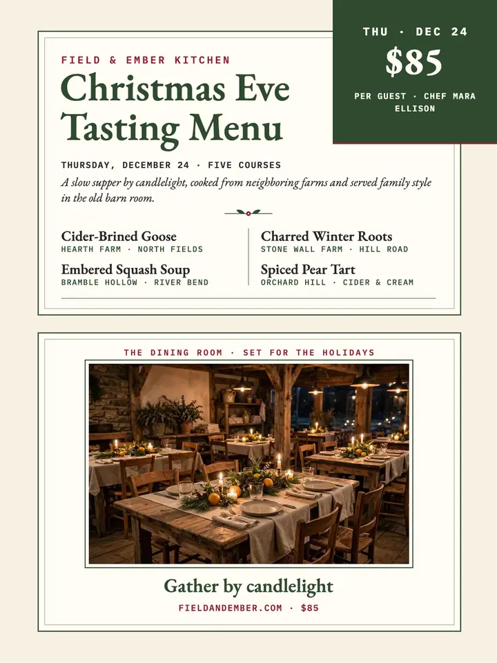 Field and Ember Christmas Eve tasting menu template