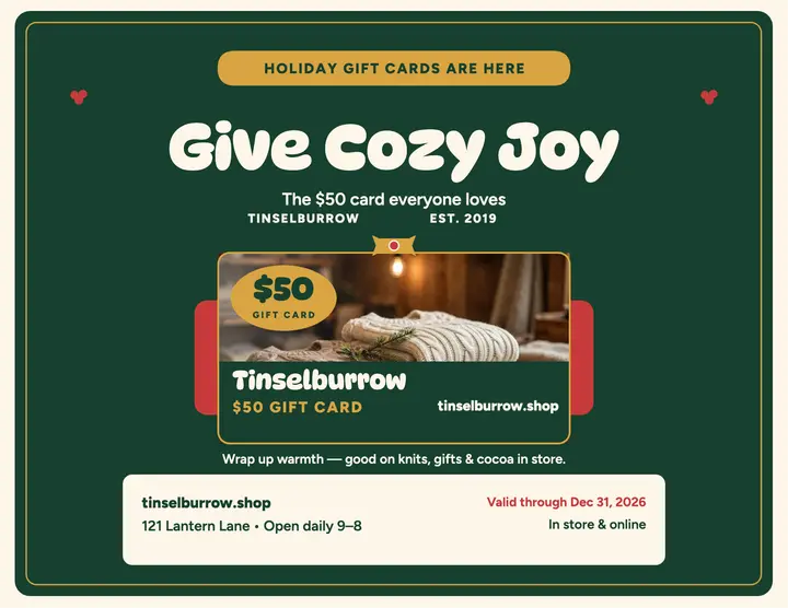 Tinselburrow Christmas gift card flyer template