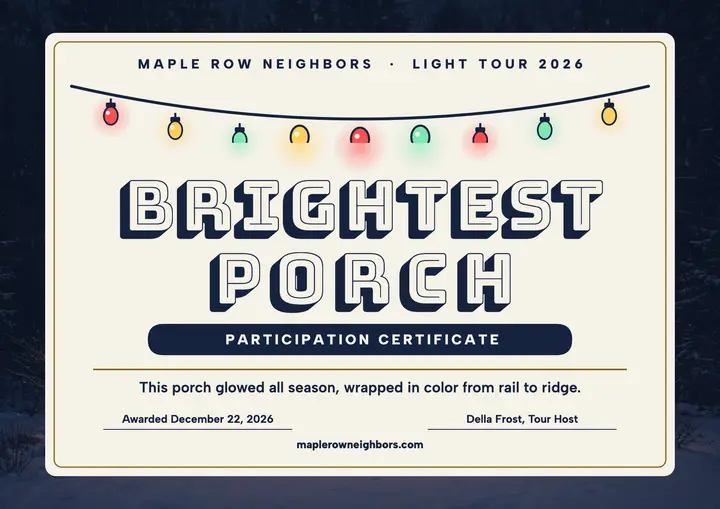 Brightest Porch Christmas light tour certificate template