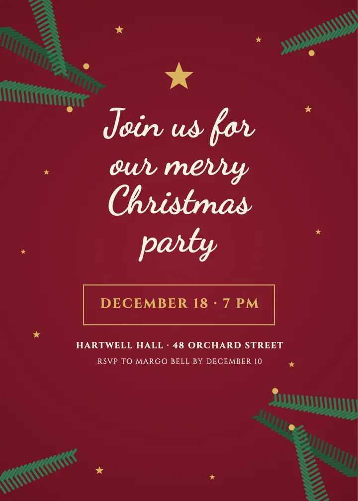 Cranberry and gold pine Christmas party invitation template