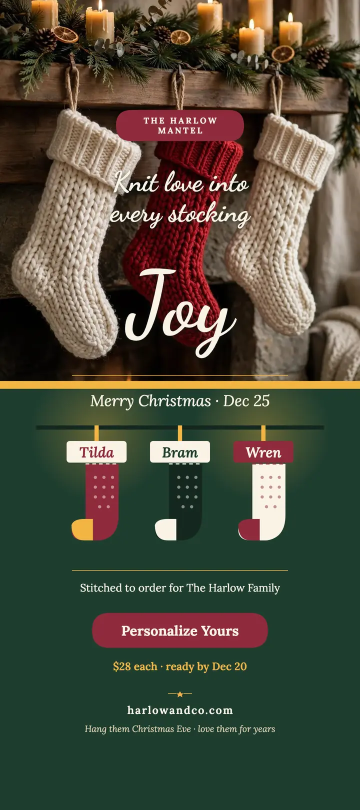 Harlow mantel stockings Christmas rack card template