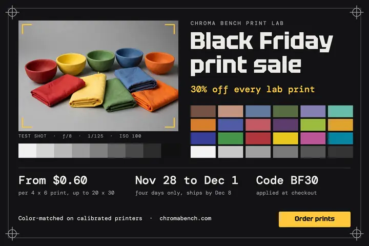 Chroma Bench Black Friday print sale postcard: black friday photo print sale postcard template