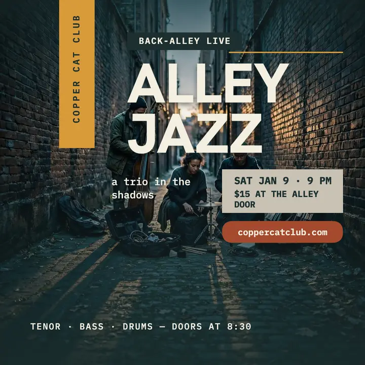 Copper Cat alley jazz night poster template