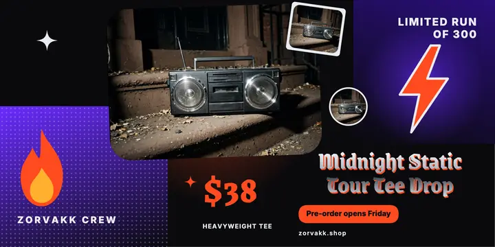 Midnight Static tee pre-order, bootleg tee post template