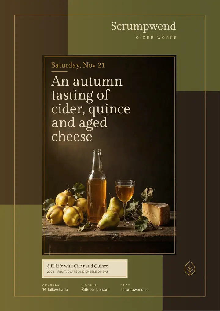 Autumn cider and cheese tasting flyer, old masters still life template
