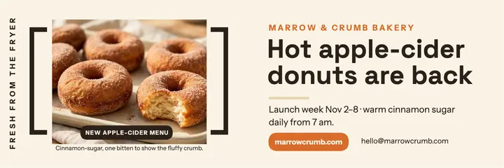 Marrow and Crumb cider donut launch header: bakery launch header template